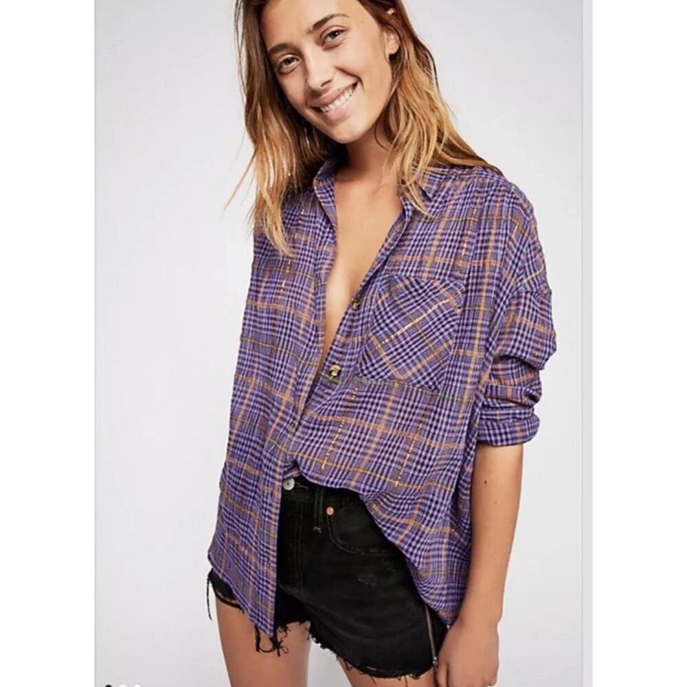 Free People Women's Oversize Break My Stride Plaid Button Up Shirt Sz S Slouchy